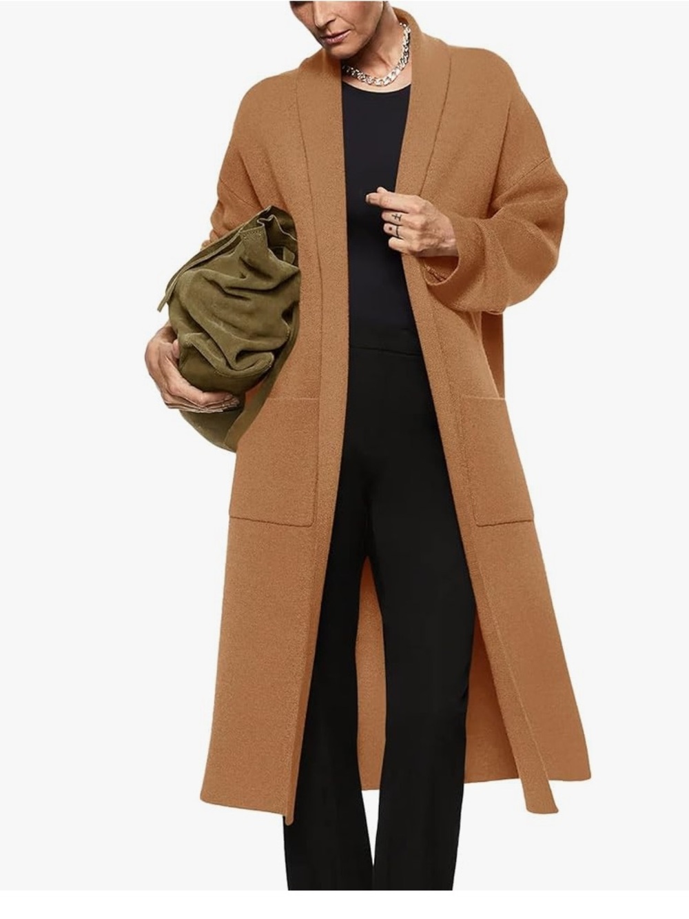 Long Open-Front Cardigan Coat in Camel XL NOWT